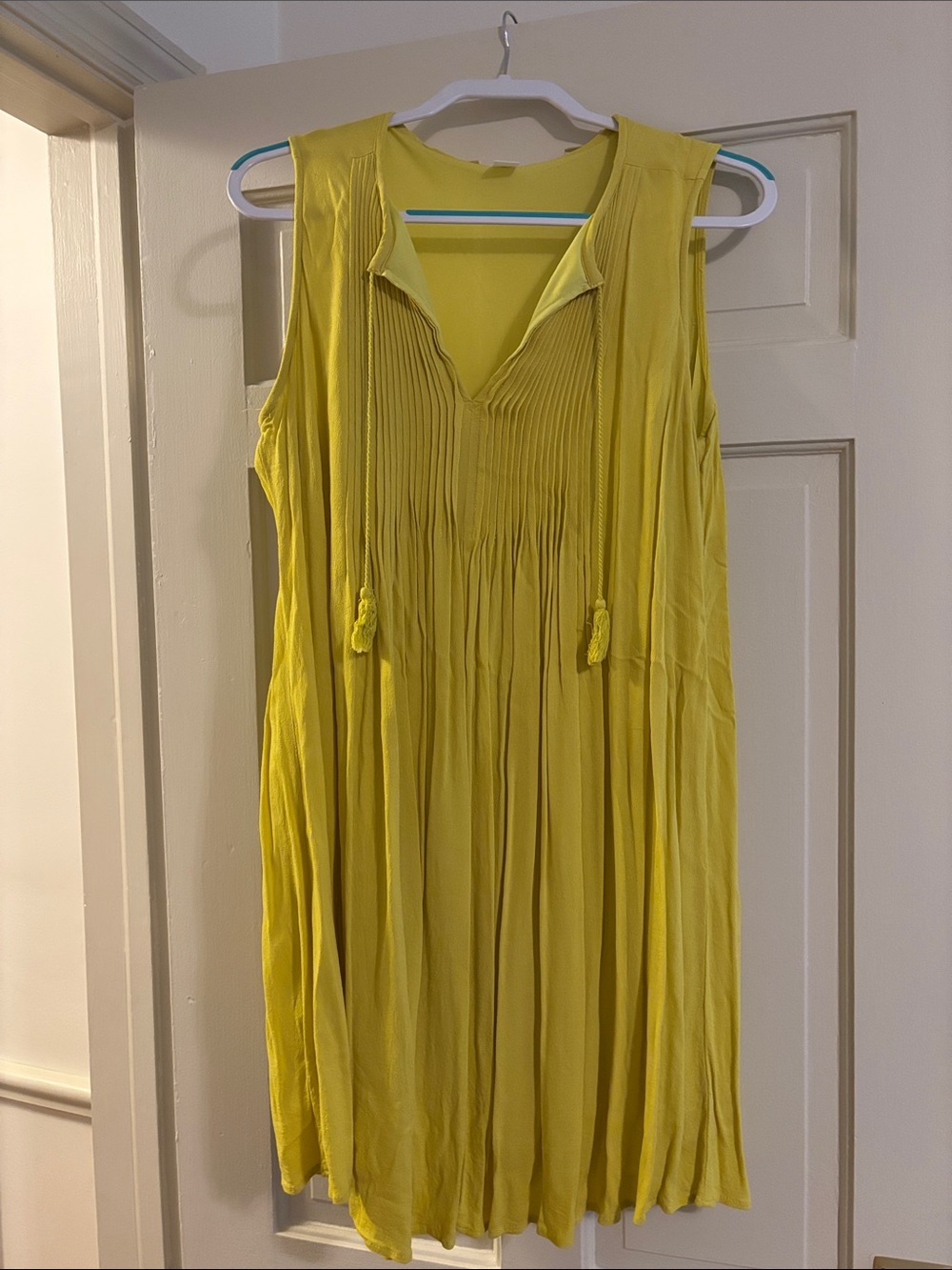 Bright Yellow Sleeveless Pleated V-Neck Mini Dress